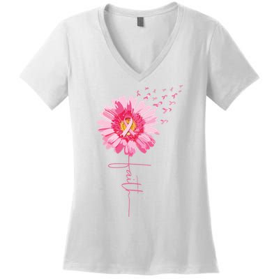 Pink Ribbon Daisy Faith Breast Cancer Awareness Month Gift Women's V-Neck T-Shirt