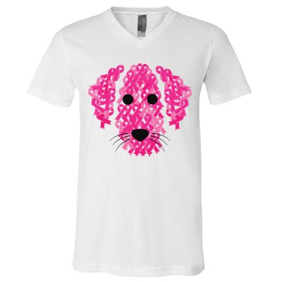 Pink Ribbon Dog Inspirational Breast Cancer Awareness Gift V-Neck T-Shirt