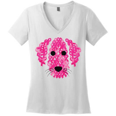 Pink Ribbon Dog Inspirational Breast Cancer Awareness Gift Women's V-Neck T-Shirt