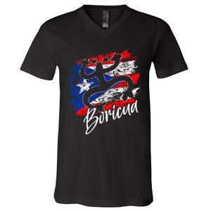 Puerto Rico Distressed Rican Roots Coqui Taino Boricua Frog V-Neck T-Shirt