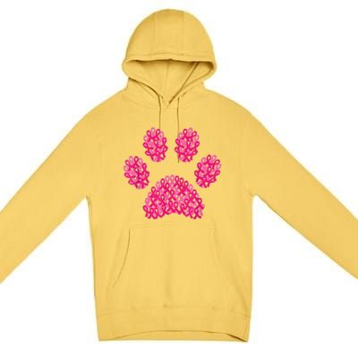 Pink Ribbon Dog Paw Print Breast Cancer Awareness Puppy Love Premium Pullover Hoodie