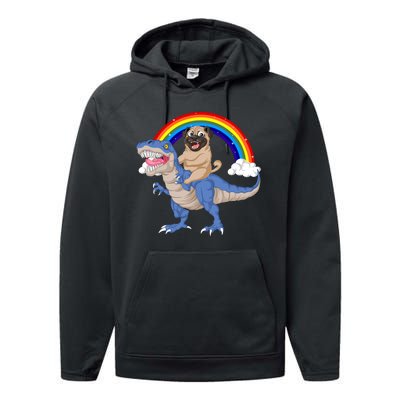 Pug Riding Dinosaur Performance Fleece Hoodie