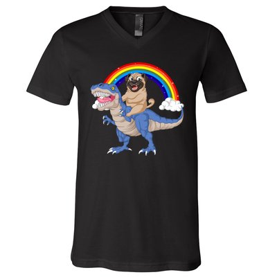 Pug Riding Dinosaur V-Neck T-Shirt