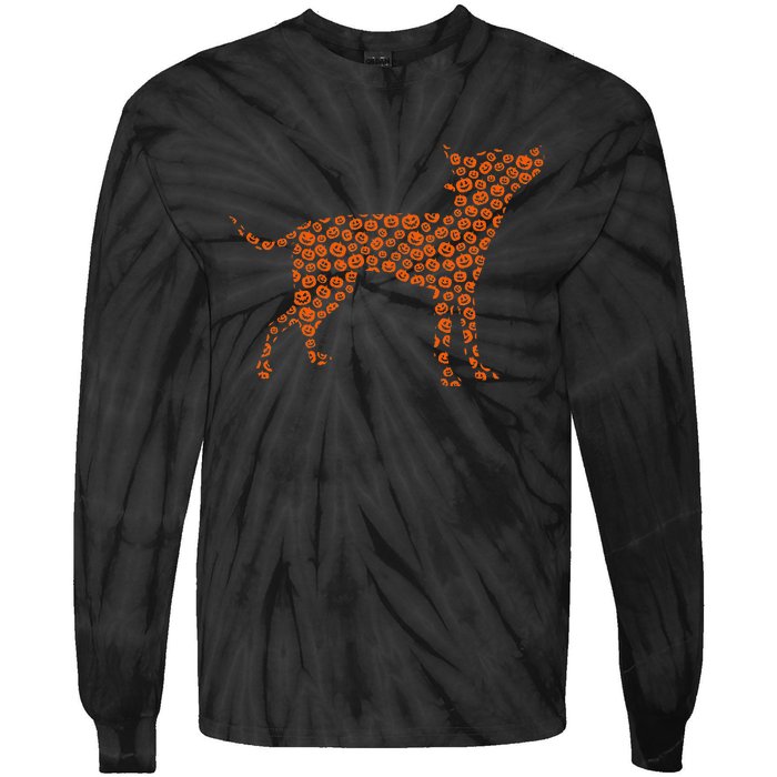 Prague Ratter Dog Silhouette Halloween Pumpkin Tie-Dye Long Sleeve Shirt