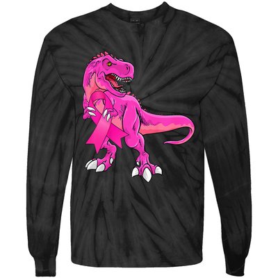 Pink Ribbon Dinosaur Breast Cancer Awareness Tie-Dye Long Sleeve Shirt