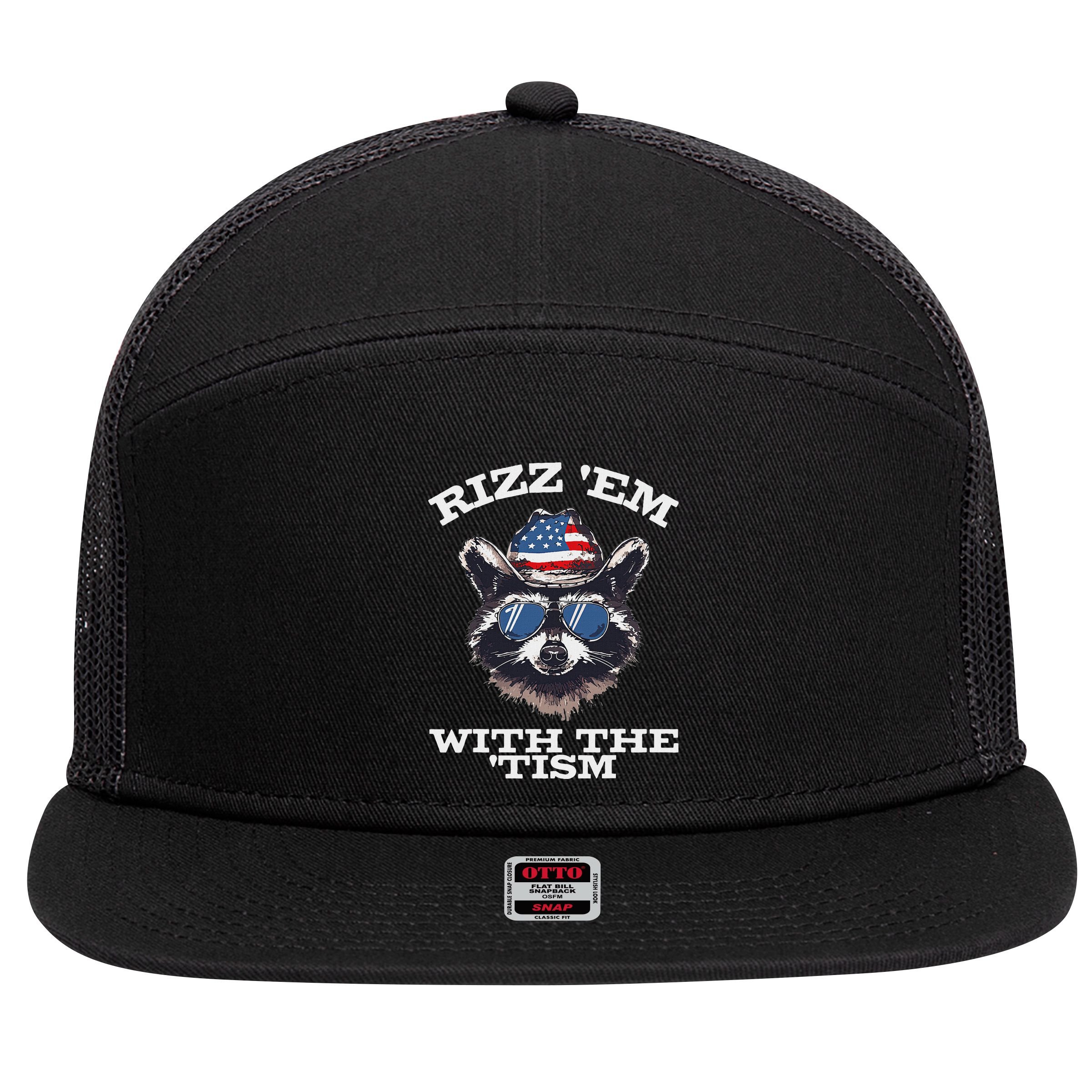 Patriotic Rizz Em With The Tism Raccoon Meme 4th Of July 7 Panel Mesh Trucker Snapback Hat