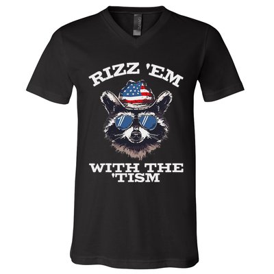 Patriotic Rizz Em With The Tism Raccoon Meme 4th Of July V-Neck T-Shirt