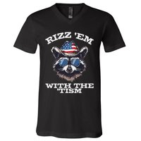 Patriotic Rizz Em With The Tism Raccoon Meme 4th Of July V-Neck T-Shirt