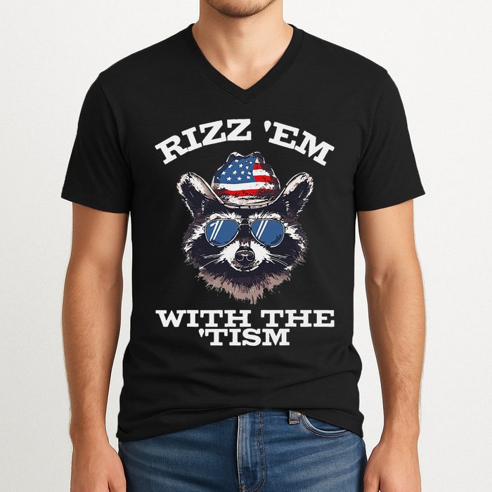 Patriotic Rizz Em With The Tism Raccoon Meme 4th Of July V-Neck T-Shirt