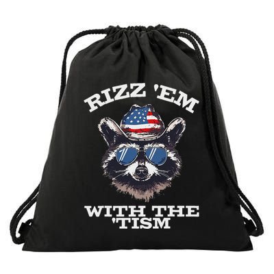 Patriotic Rizz Em With The Tism Raccoon Meme 4th Of July Drawstring Bag