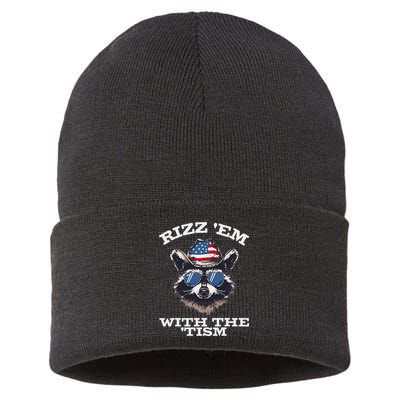 Patriotic Rizz Em With The Tism Raccoon Meme 4th Of July Sustainable Knit Beanie