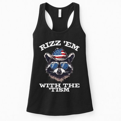 Patriotic Rizz Em With The Tism Raccoon Meme 4th Of July Womens Tank Top