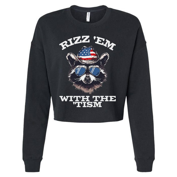 Patriotic Rizz Em With The Tism Raccoon Meme 4th Of July Cropped Pullover Crew
