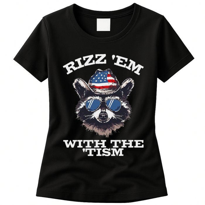 Patriotic Rizz Em With The Tism Raccoon Meme 4th Of July Womens T-Shirt