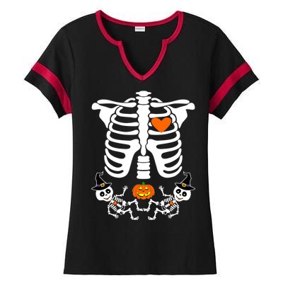 Pregnant Halloween Skeleton Baby Twins Witch Pumpkin Costume Ladies Halftime Notch Neck Tee