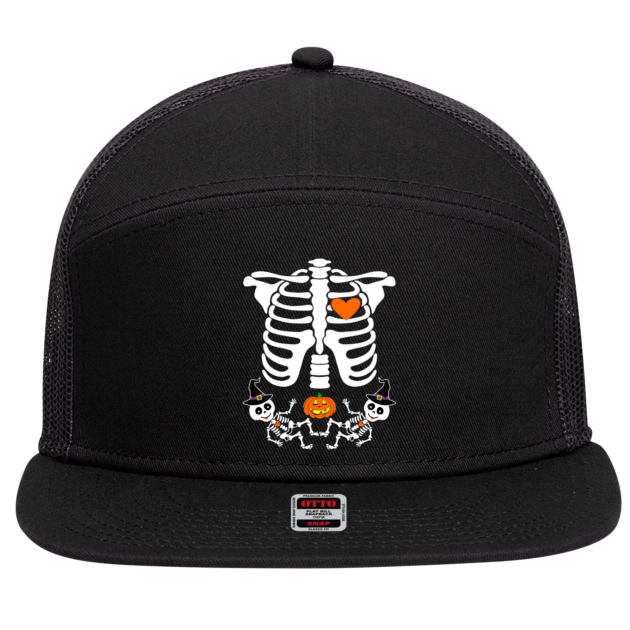 Pregnant Halloween Skeleton Baby Twins Witch Pumpkin Costume 7 Panel Mesh Trucker Snapback Hat