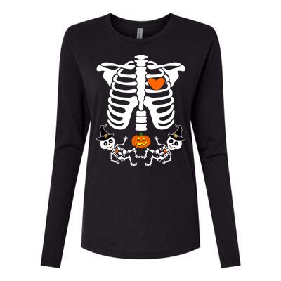 Pregnant Halloween Skeleton Baby Twins Witch Pumpkin Costume Womens Cotton Relaxed Long Sleeve T-Shirt