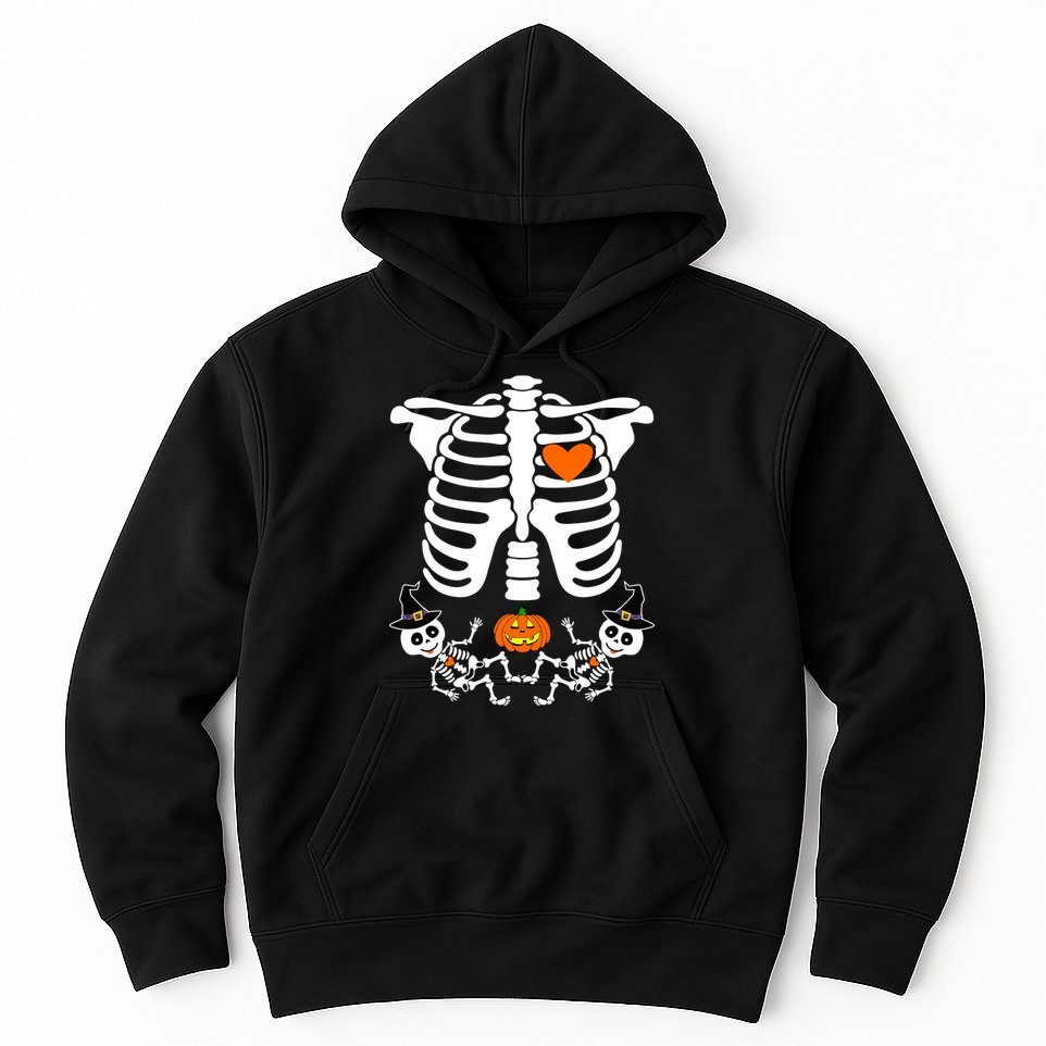 Pregnant Halloween Skeleton Baby Twins Witch Pumpkin Costume Hoodie