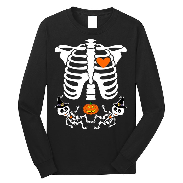 Pregnant Halloween Skeleton Baby Twins Witch Pumpkin Costume Long Sleeve Shirt