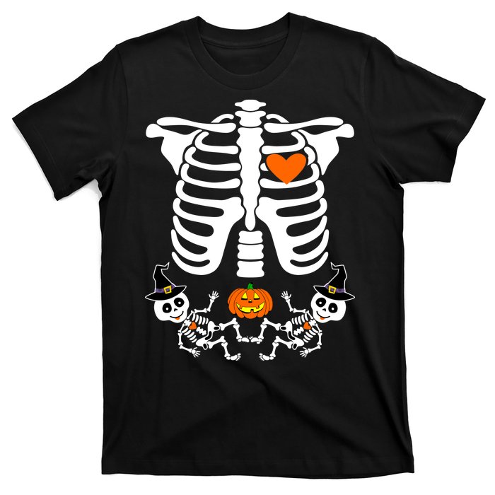 Pregnant Halloween Skeleton Baby Twins Witch Pumpkin Costume T-Shirt