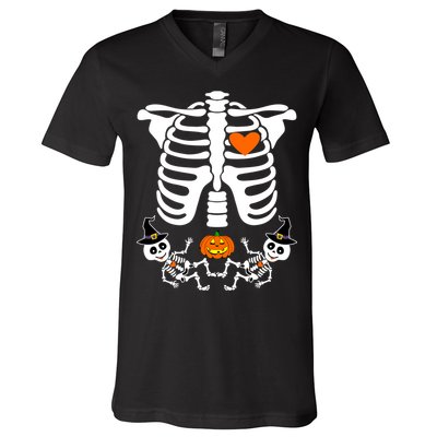 Pregnant Halloween Skeleton Baby Twins Witch Pumpkin Costume V-Neck T-Shirt
