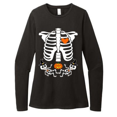 Pregnant Halloween Skeleton Baby Twins Witch Pumpkin Costume Womens CVC Long Sleeve Shirt