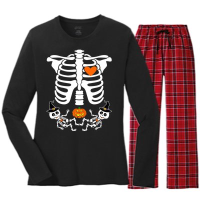 Pregnant Halloween Skeleton Baby Twins Witch Pumpkin Costume Women's Long Sleeve Flannel Pajama Set 