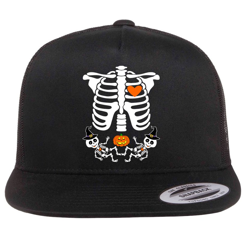 Pregnant Halloween Skeleton Baby Twins Witch Pumpkin Costume Flat Bill Trucker Hat