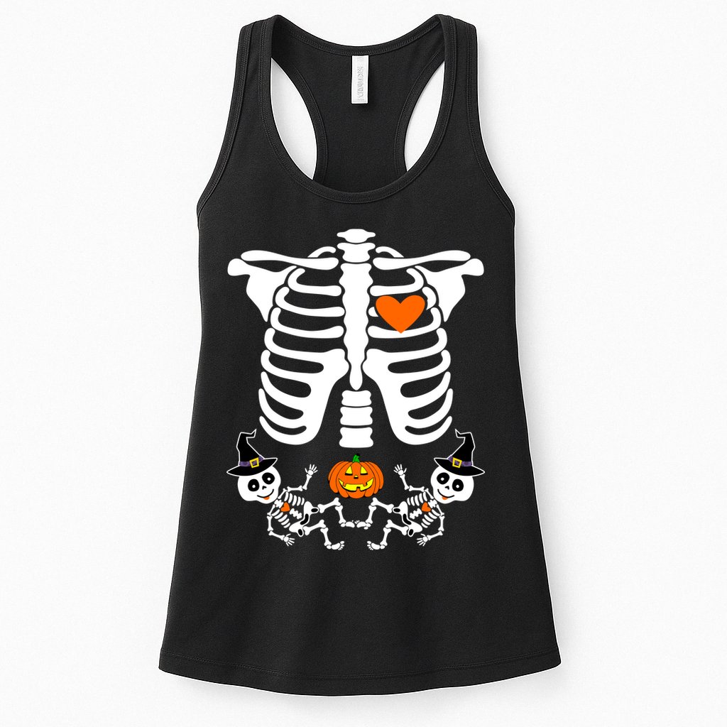 Pregnant Halloween Skeleton Baby Twins Witch Pumpkin Costume Womens Tank Top