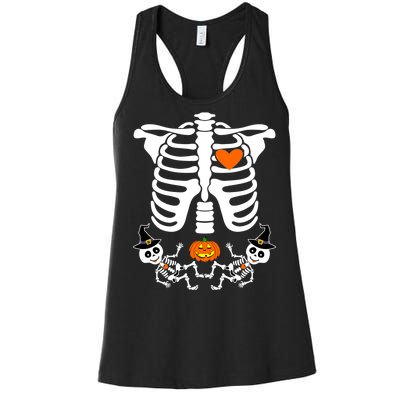 Pregnant Halloween Skeleton Baby Twins Witch Pumpkin Costume Women's Racerback Tank