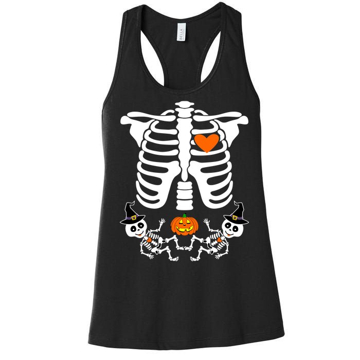 Pregnant Halloween Skeleton Baby Twins Witch Pumpkin Costume Women's Racerback Tank