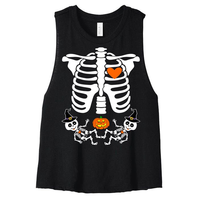 Pregnant Halloween Skeleton Baby Twins Witch Pumpkin Costume Women's Racerback Cropped Tank