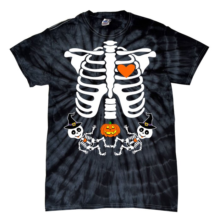 Pregnant Halloween Skeleton Baby Twins Witch Pumpkin Costume Tie-Dye T-Shirt