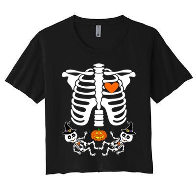 Pregnant Halloween Skeleton Baby Twins Witch Pumpkin Costume Women's Crop Top Tee