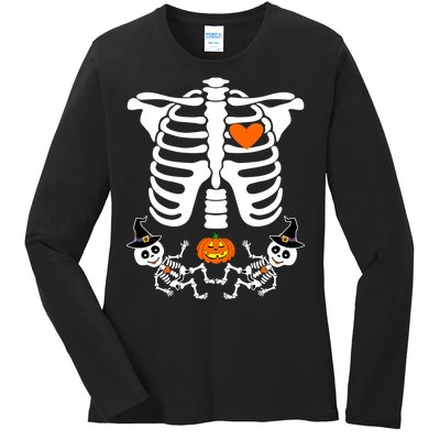 Pregnant Halloween Skeleton Baby Twins Witch Pumpkin Costume Ladies Long Sleeve Shirt