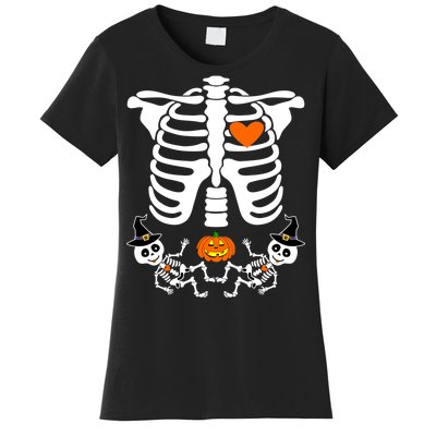 Pregnant Halloween Skeleton Baby Twins Witch Pumpkin Costume Women's T-Shirt