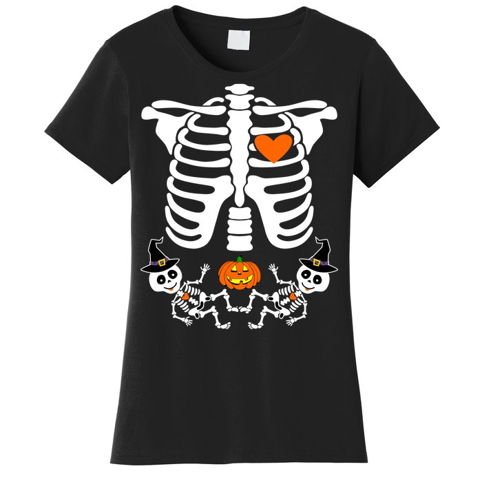 Pregnant Halloween Skeleton Baby Twins Witch Pumpkin Costume Women's T-Shirt