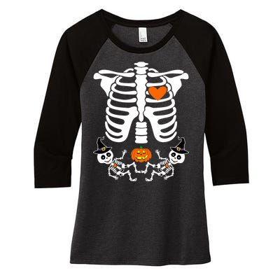 Pregnant Halloween Skeleton Baby Twins Witch Pumpkin Costume Women's Tri-Blend 3/4-Sleeve Raglan Shirt