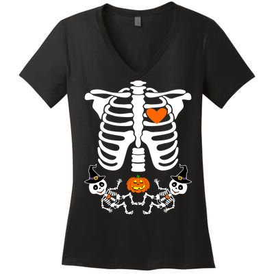 Pregnant Halloween Skeleton Baby Twins Witch Pumpkin Costume Women's V-Neck T-Shirt