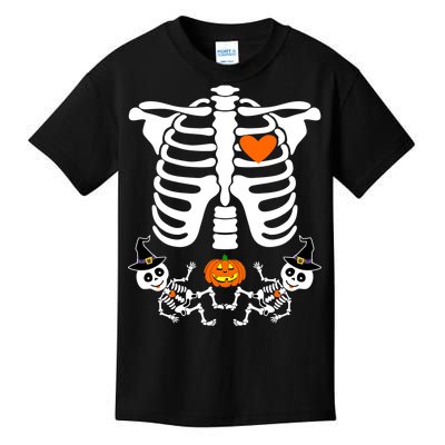 Pregnant Halloween Skeleton Baby Twins Witch Pumpkin Costume Kids T-Shirt