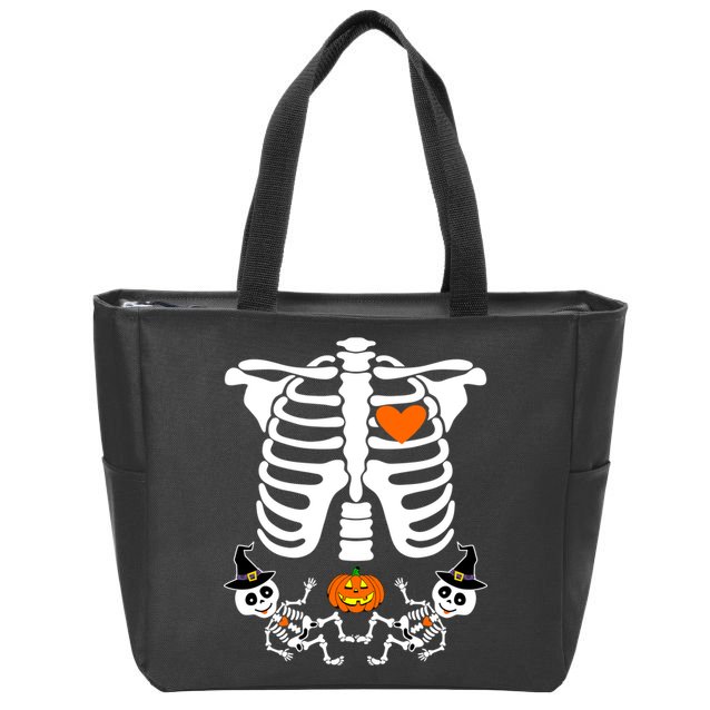 Pregnant Halloween Skeleton Baby Twins Witch Pumpkin Costume Zip Tote Bag