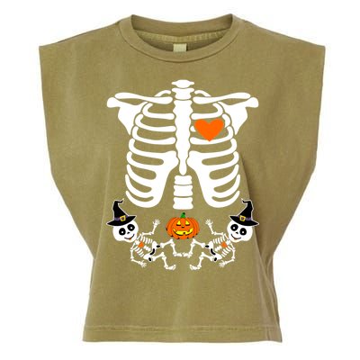 Pregnant Halloween Skeleton Baby Twins Witch Pumpkin Costume Garment-Dyed Women's Muscle Tee