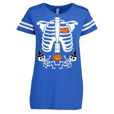 Pregnant Halloween Skeleton Baby Twins Witch Pumpkin Costume Enza Ladies Jersey Football T-Shirt