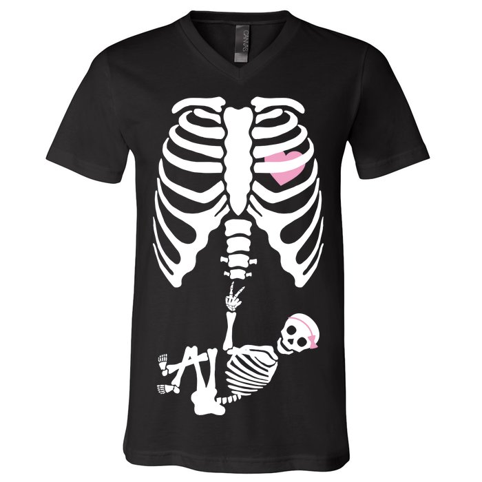 Pregnant Skeleton Baby Girl Halloween Costume V-Neck T-Shirt