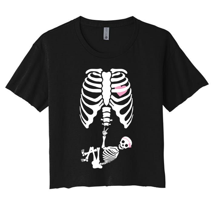 Pregnant Skeleton Baby Girl Halloween Costume Women's Crop Top Tee