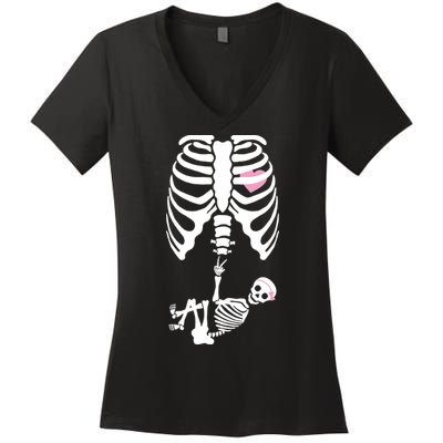 Pregnant Skeleton Baby Girl Halloween Costume Women's V-Neck T-Shirt