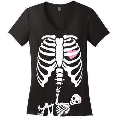 Pregnant Skeleton Baby Girl Halloween Costume Women's V-Neck T-Shirt