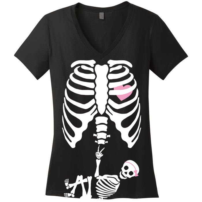 Pregnant Skeleton Baby Girl Halloween Costume Women's V-Neck T-Shirt