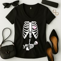 Pregnant Skeleton Baby Girl Halloween Costume Women's V-Neck T-Shirt