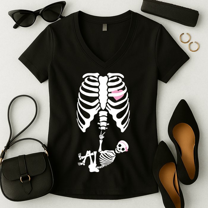 Pregnant Skeleton Baby Girl Halloween Costume Women's V-Neck T-Shirt